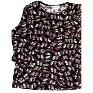 CD Petites Womens PXL Abstract Brushstroke Print 3/4 Sleeve Top Plum Sage Black